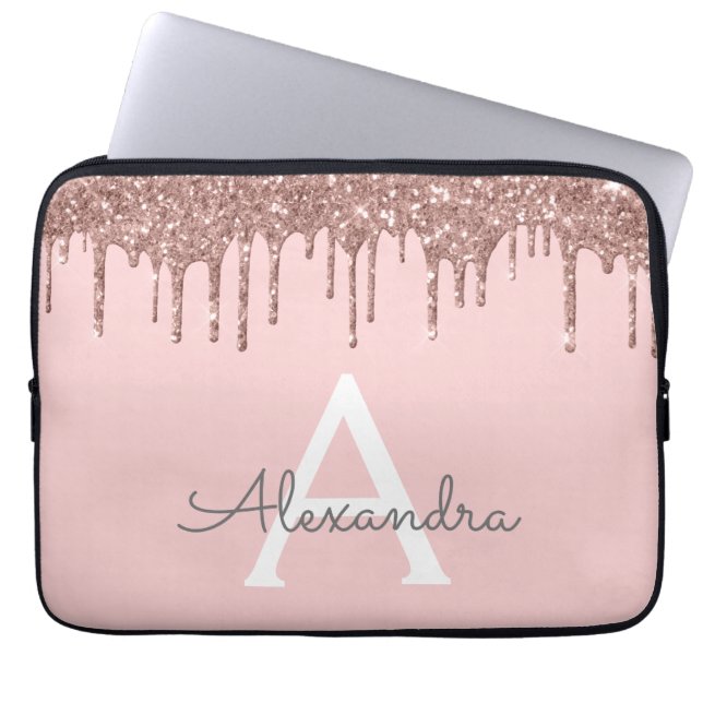 Blush roze rood Glitter Sparkle Monogram Laptop Sleeve (Voorkant)