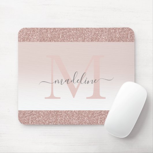 Blush roze rood Glitter Sparkle Monogram Muismat (Met muis)
