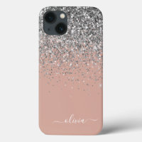 Blush roze rood zilver Glitter Monogram