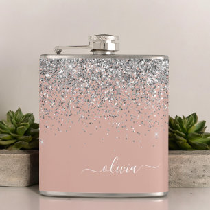 Blush roze rood zilver Glitter Monogram Heupfles