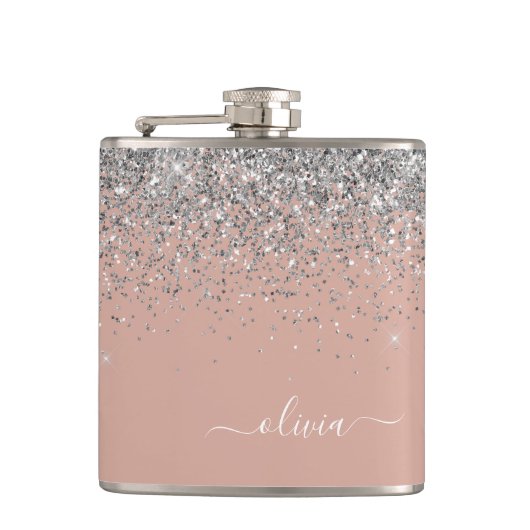 Blush roze rood zilver Glitter Monogram Heupfles (Voorkant)