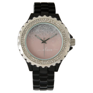 Blush roze rood zilver Glitter Monogram Horloge