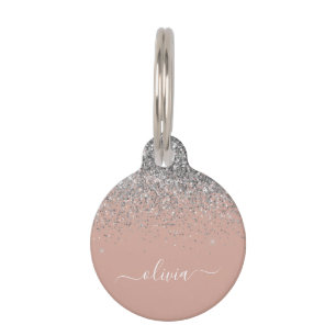 Blush roze rood zilver Glitter Monogram Huisdierpenning