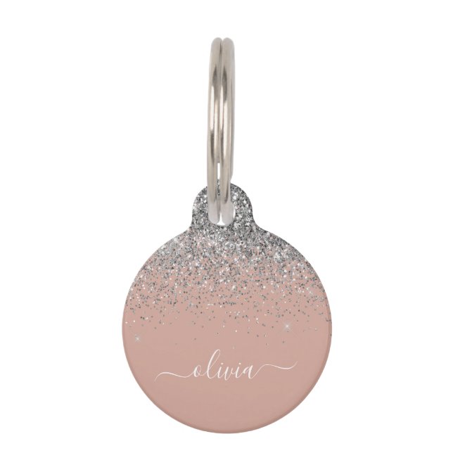 Blush roze rood zilver Glitter Monogram Huisdierpenning (Voorkant)