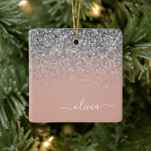 Blush roze rood zilver Glitter Monogram Keramisch Ornament