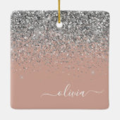 Blush roze rood zilver Glitter Monogram Keramisch Ornament (Achterkant)