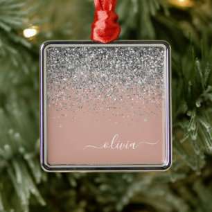 Blush roze rood zilver Glitter Monogram Metalen Ornament