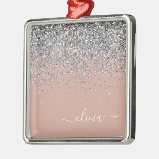 Blush roze rood zilver Glitter Monogram Metalen Ornament (Links)