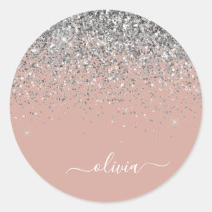 Blush roze rood zilver Glitter Monogram Ronde Sticker