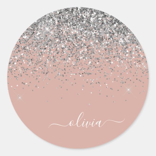 Blush roze rood zilver Glitter Monogram Ronde Sticker (Voorkant)