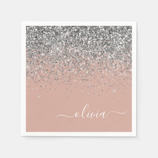 Blush roze rood zilver Glitter Monogram Servet (Voorkant)