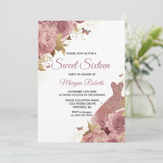 Blush Roze Roos Dress Sweet 16 Party Kaart (Staand voorkant)