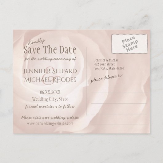 Blush roze roos elegante bruiloft save the date aankondigingskaart (Achterkant)