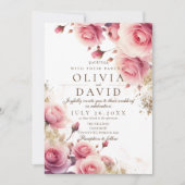 Blush roze roos en goud elegante bloem bruiloft kaart (Voorkant)