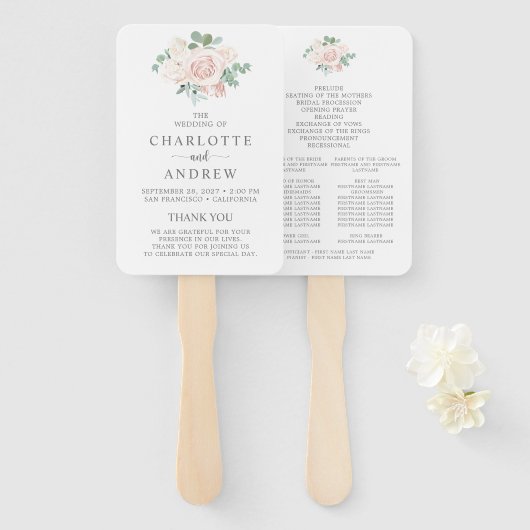 Blush roze Roos Eucalyptus Weddenschap Handwaaier (Voorkant en achterkant)