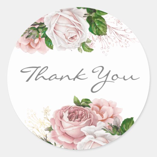 Blush Roze Roos Floral White Hartelijk dank Ronde Sticker (Voorkant)