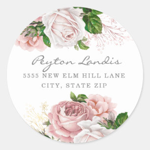 Blush roze Roos Floral White Return Address Ronde Sticker