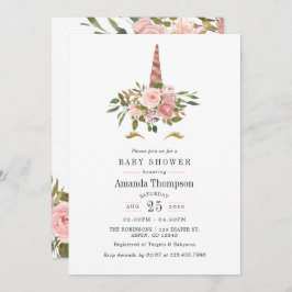 Blush Roze & Roos Gold Floral Unicorn Baby shower Kaart
