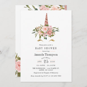 Blush Roze & Roos Gold Floral Unicorn Baby shower Kaart