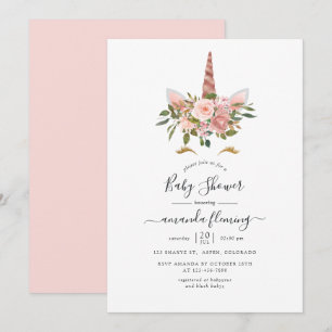 Blush Roze & Roos Gold Floral Unicorn Baby shower Kaart