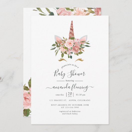 Blush Roze & Roos Gold Floral Unicorn Baby shower Kaart