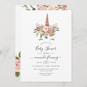 Blush Roze & Roos Gold Floral Unicorn Baby shower Kaart