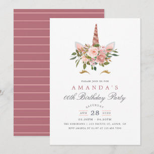 Blush Roze & Roos Gold Floral Unicorn Birthday Kaart