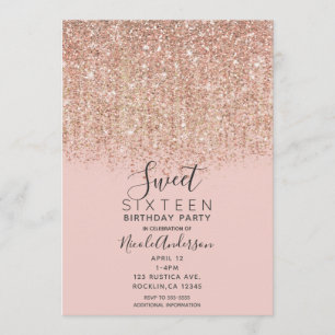 Blush roze & Roos Gold Glitter Sweet 16 Party Kaart