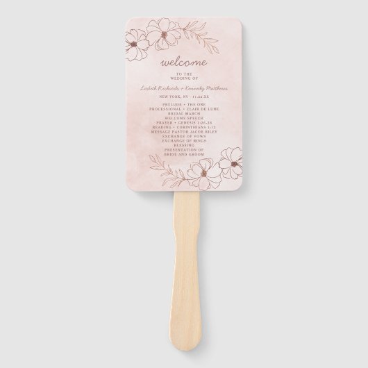 Blush Roze & Roos Gouden Huwelijksceremonie Progra Handwaaier (Voorkant)