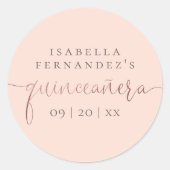Blush Roze & Roos Gouden Kalligrafie Quinceañera Ronde Sticker (Voorkant)