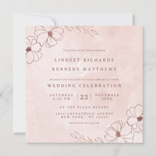 Blush Roze & Roos Goudfolie Bloemen Bruiloft Vierk Kaart (Voorkant)
