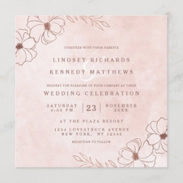 Blush Roze & Roos Goudfolie Bloemen Bruiloft Vierk Kaart