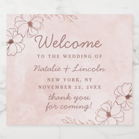 Blush Roze & Roos Goudfolie Bloemen Bruiloft Welko Likeurfles Etiket (Enkel label)