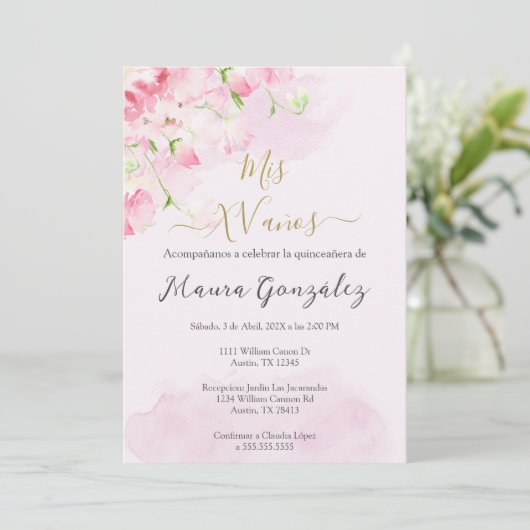 Blush roze roos quinceañera uitnodiging (Staand voorkant)