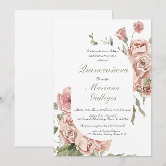 Blush roze roos Quinceanera uitnodiging (Voorkant / Achterkant)
