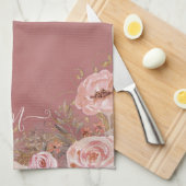 Blush Roze Roos Waterverf Floral Monogram Theedoek (Quarter Fold)