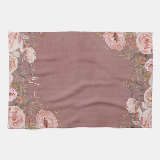 Blush Roze Roos Waterverf Floral Monogram Theedoek (Horizontaal)