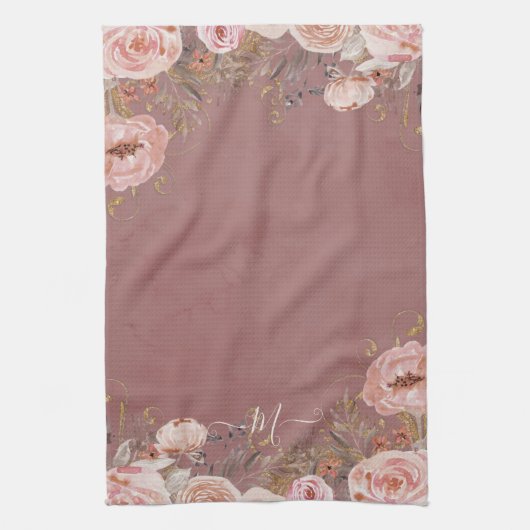Blush Roze Roos Waterverf Floral Monogram Theedoek (Verticaal)