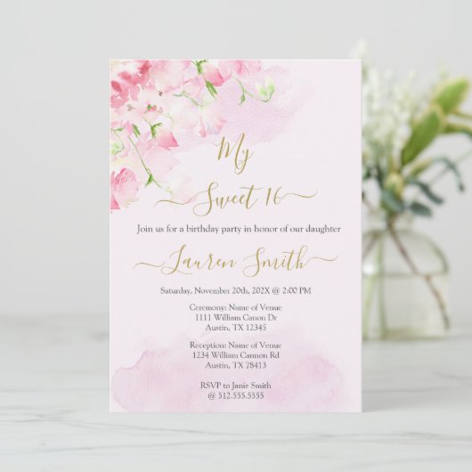 Blush roze roos zoete 16 uitnodiging (Staand voorkant)