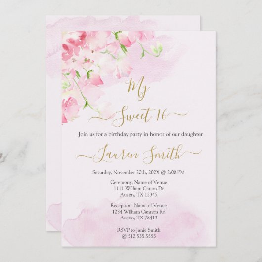 Blush roze roos zoete 16 uitnodiging (Voorkant / Achterkant)