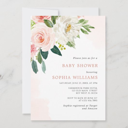 Blush Roze Rose Bloemen Baby shower Invitation Kaart (Voorkant)