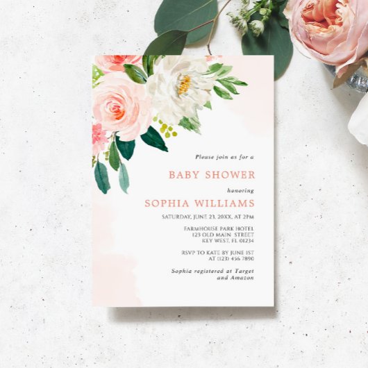 Blush Roze Rose Bloemen Baby shower Invitation Kaart
