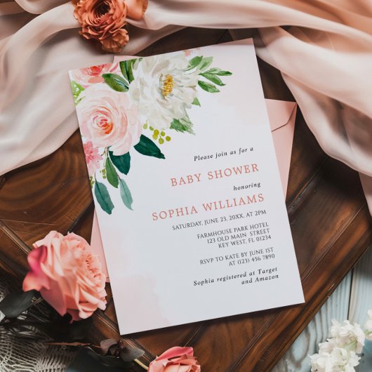 Blush Roze Rose Bloemen Baby shower Invitation Kaart