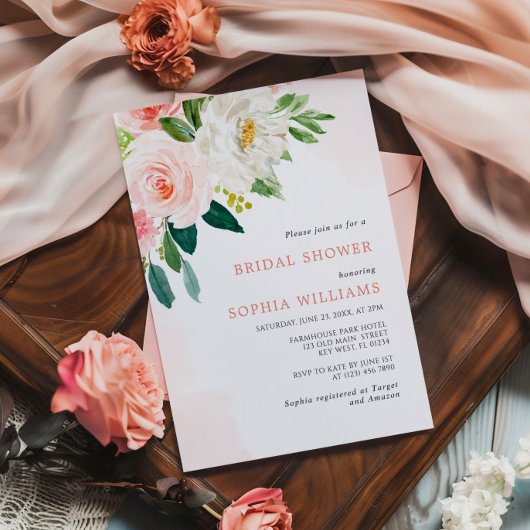 Blush Roze Rose Bloemen Bruids Douche Uitnodiging