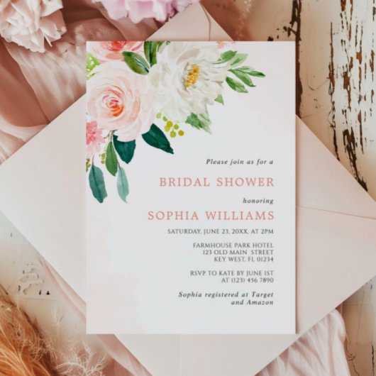 Blush Roze Rose Bloemen Bruids Douche Uitnodiging