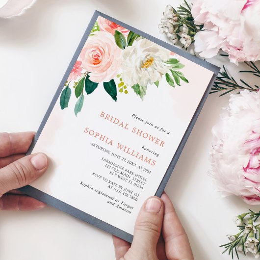 Blush Roze Rose Bloemen Bruids Douche Uitnodiging