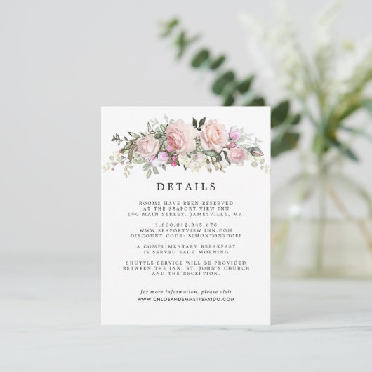 Blush Roze Rose Bloemen Bruiloft Gast Details Informatiekaartje (Staand voorkant)