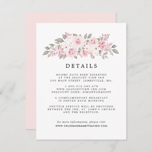Blush Roze Rose Bloemen Bruiloft Gast Details Informatiekaartje (Voorkant / Achterkant)