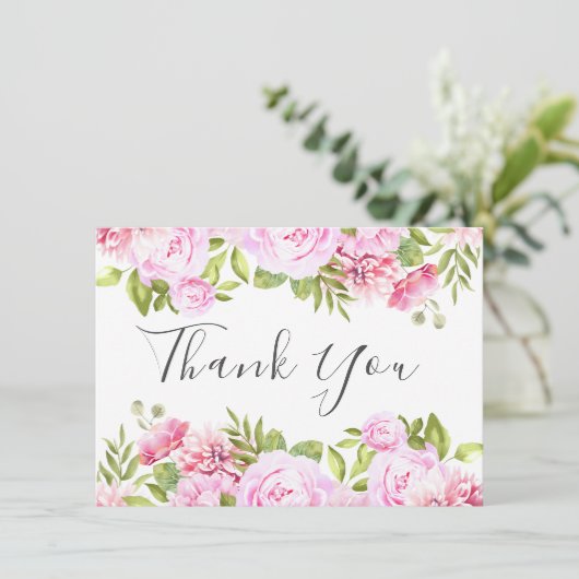 Blush Roze Rose Bloemen Chique Elegant Script Bedankkaart (Staand voorkant)