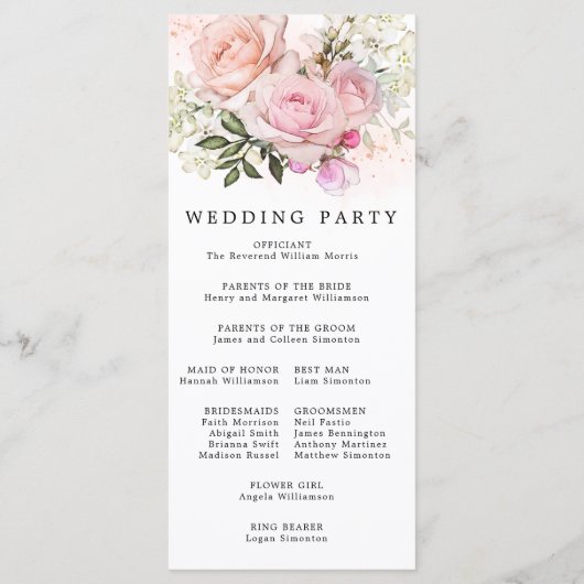 Blush Roze Rose Bloemen DIY Bruiloft Programmakaart (Achterkant)